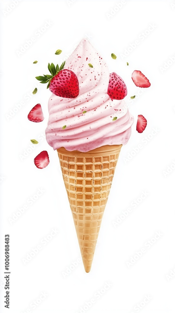 Delicious strawberry ice cream cone topped with fresh berries and pistachios on a white background Delicious strawberry ice cream cone topped with fresh berries and pistachios on a white background
