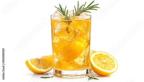 Lemon cocktail in a tall glass with ice, garnished with rosemary, isolated on white background, refreshing and crisp, studio lighting