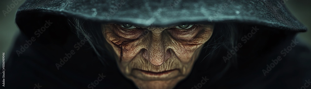 Old witch with wrinkled face, wearing a torn black hat and cloak, intense expression, harsh lighting, detailed texture, isolated background Old witch with wrinkled face, wearing a torn black hat and cloak, intense expression, harsh lighting, detailed texture, isolated background