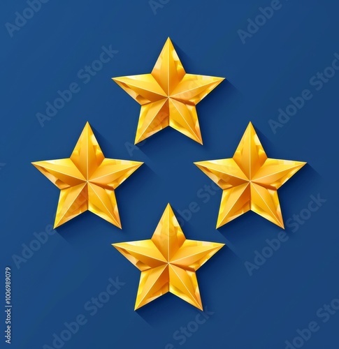 3D illustration of five yellow stars on blue background, flat design style with simple shapes and clean lines in the shape of an icon. The overall color scheme is gold against dark blue, creating cont photo