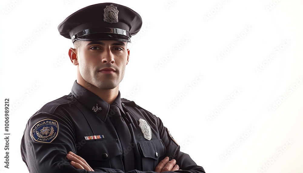 Confident male police officer posing with arms crossed, showcasing dedication and professionalism in law enforcement. Confident male police officer posing with arms crossed, showcasing dedication and professionalism in law enforcement.
