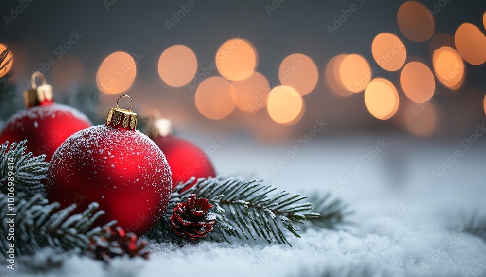 Festive red ornaments nestled in snow with a blurred background, capturing the spirit of Christmas and winter wonder. Festive red ornaments nestled in snow with a blurred background, capturing the spirit of Christmas and winter wonder.