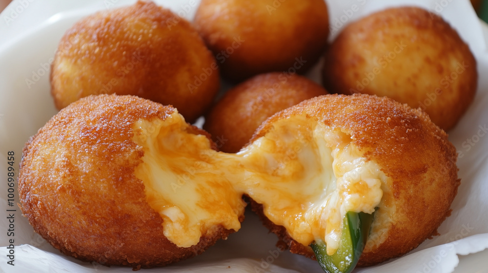 Golden-Brown Cheese Jalapeño Poppers on White Ceramic Platter Golden-Brown Cheese Jalapeño Poppers on White Ceramic Platter