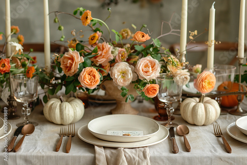 Beautiful tablescape setup for thanksgiving day in restaurant.