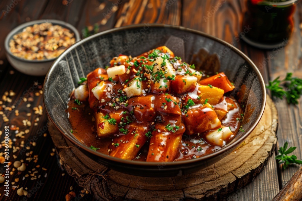 Classic Canadian poutine dish with crispy fries cheese curds and rich gravy studio shot on rustic wood Classic Canadian poutine dish with crispy fries cheese curds and rich gravy studio shot on rustic wood