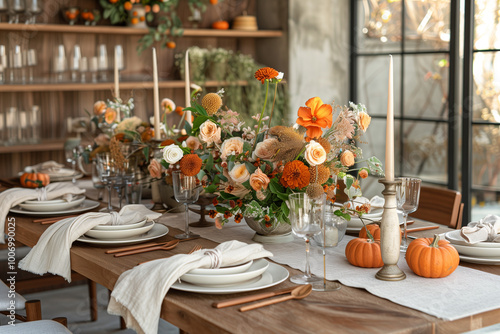Beautiful tablescape setup for thanksgiving day in restaurant.