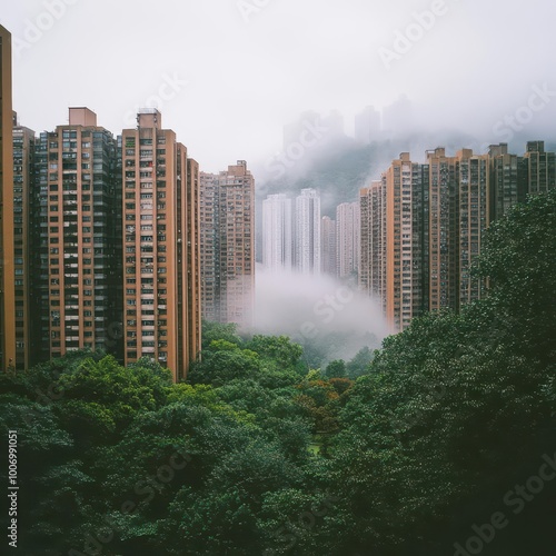 Fog rolling over a city park with towering buildings behind, fog in cities, blend of nature and urban life in dense mist. #1006991051