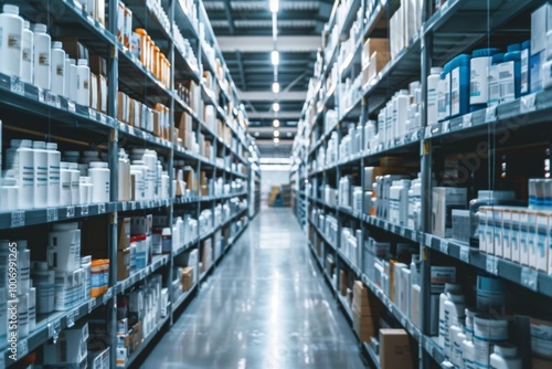 Pharmaceutical warehouse with organized shelves and neatly arranged medication