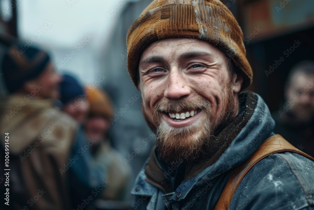 Portrait of a smiling factory worker in a group of coworkers