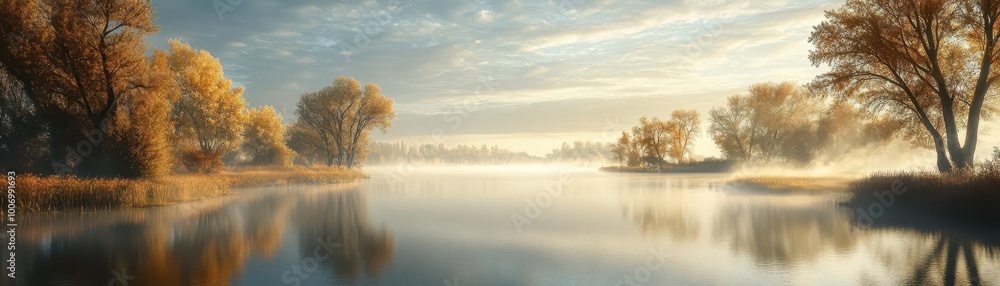As the fog gently rises over the serene water landscape, the autumn trees create a magical ambiance in nature's misty embrace. As the fog gently rises over the serene water landscape, the autumn trees create a magical ambiance in nature's misty embrace.