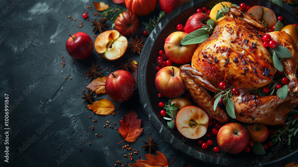 Closeup photo of grilles turkey with vegetables and apples prepared for thanksgiving holiday. Closeup photo of grilles turkey with vegetables and apples prepared for thanksgiving holiday.