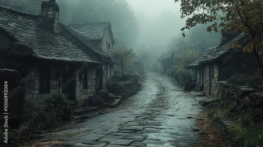 Naklejka premium Fog envelops the cobblestone street, village cottages, and picturesque rural life in mist, creating a serene and mysterious atmosphere.