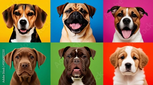 Colorful Collage of Six Dogs Beagle on Yellow, Yawning Pug on Blue, Jack Russell Terrier on Red, Chocolate Labrador on Green, English Bulldog on Orange, and Fluffy Golden Retriever Puppy on Purple