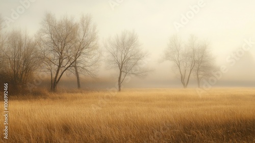 A serene autumn scene enveloped in mist, featuring bare trees and a field of golden grass under a soft, diffused light.