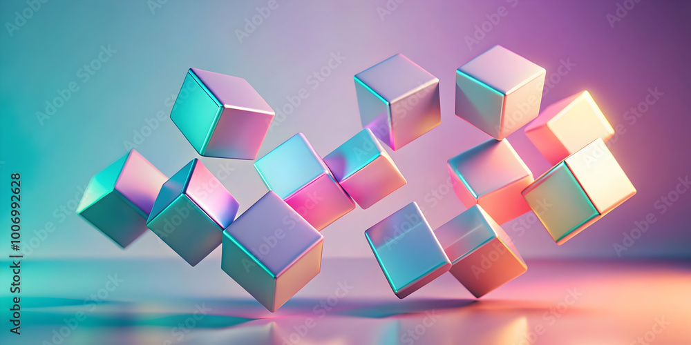 Floating Cubes in Neon Hues: A captivating image showcasing the interplay of light and form. The vibrant neon hues illuminate a cluster of metallic cubes. Floating Cubes in Neon Hues: A captivating image showcasing the interplay of light and form. The vibrant neon hues illuminate a cluster of metallic cubes.
