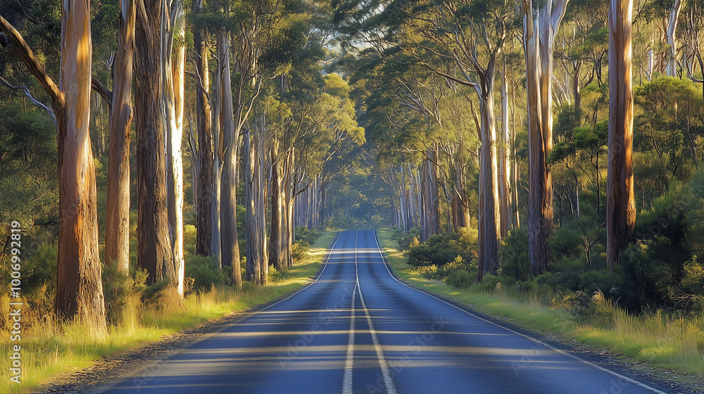 Fototapeta premium Road Lined with Tall Eucalyptus Trees Forming a Green Archway