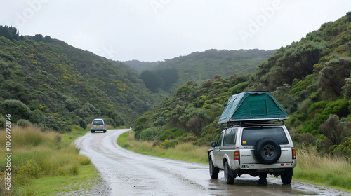 4WD Road Trip Along Coastal Road in New Zealand with Light Rain