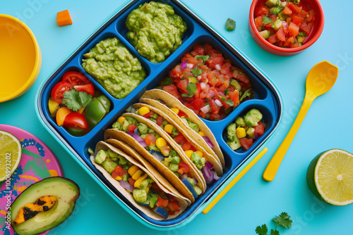 Top view of vibrant lunchbox with Mexican-inspired food, including tacos, salsa, and guacamole, with bright decorations. photo