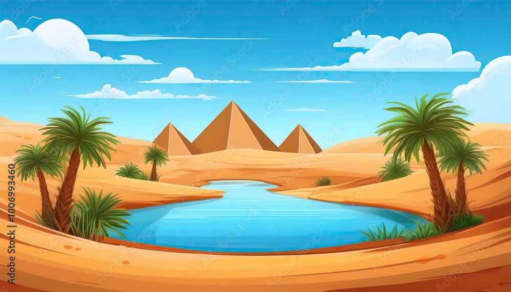 Obraz premium arabian desert oasis with tropical lake. Vector cartoon illustration of sunny scenery with sandy dunes and pyramids on horizon, green grass and palm trees around blue water, fluffy clouds in sky