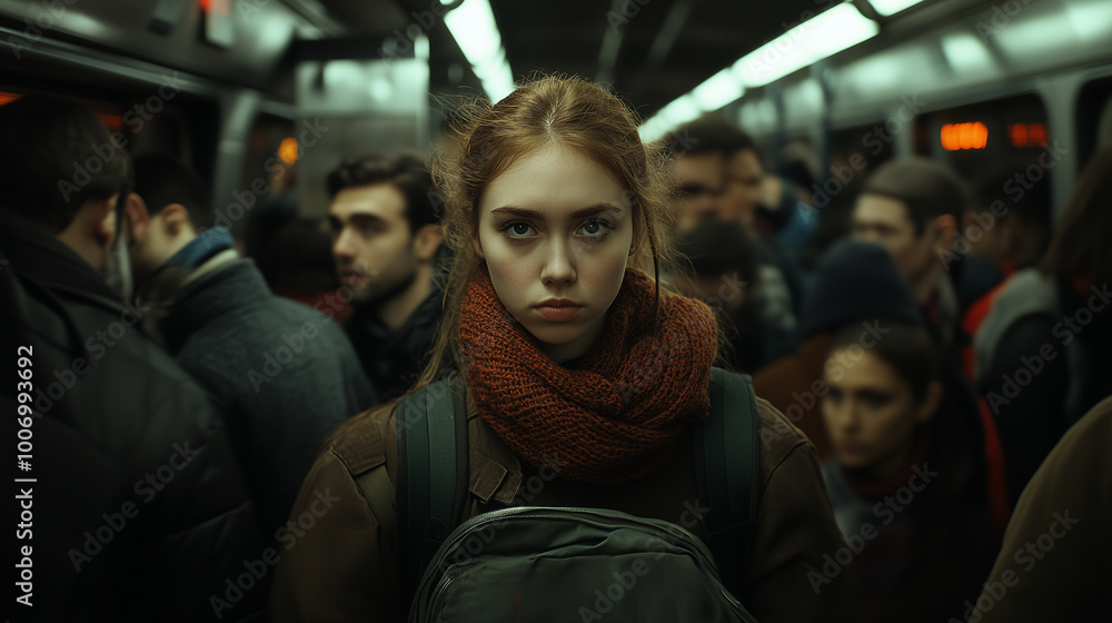 a Woman on a Crowded Subway Full of People
a Woman on a Crowded Subway Full of People