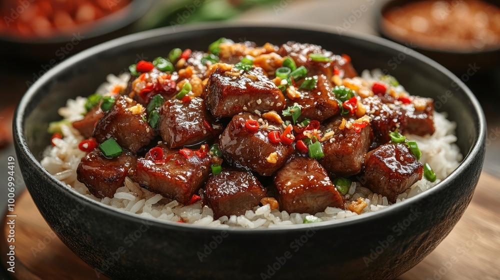 Closeup of a Black Bowl Filled with Beef and Rice Stir-Fry Closeup of a Black Bowl Filled with Beef and Rice Stir-Fry