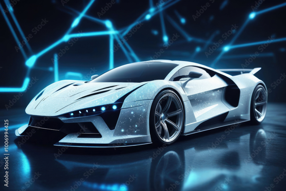 Luxury sports white car in neon lights, powerful acceleration of a supercar. Luxury sports white car in neon lights, powerful acceleration of a supercar.