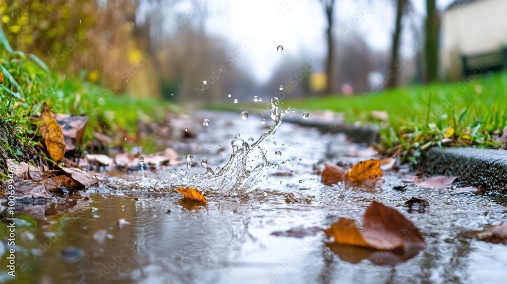 Fototapeta premium Rainy Autumn Day with Splashing Puddle and Fallen Leaves in Nature