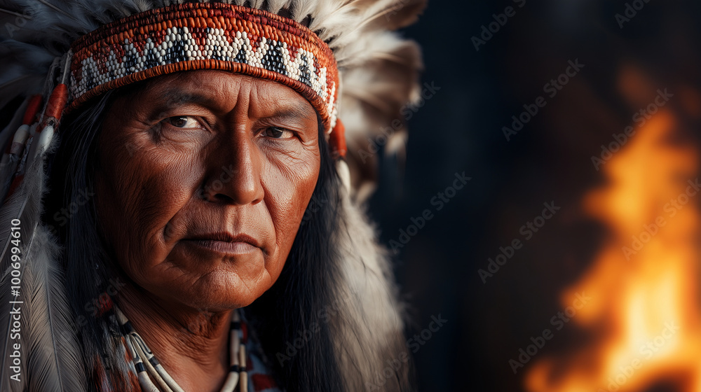A stunning 8K depiction of a Native American chief in full ceremonial regalia, standing before a roaring fire at dusk. The feathers in his headdress and the details of his traditio A stunning 8K depiction of a Native American chief in full ceremonial regalia, standing before a roaring fire at dusk. The feathers in his headdress and the details of his traditio