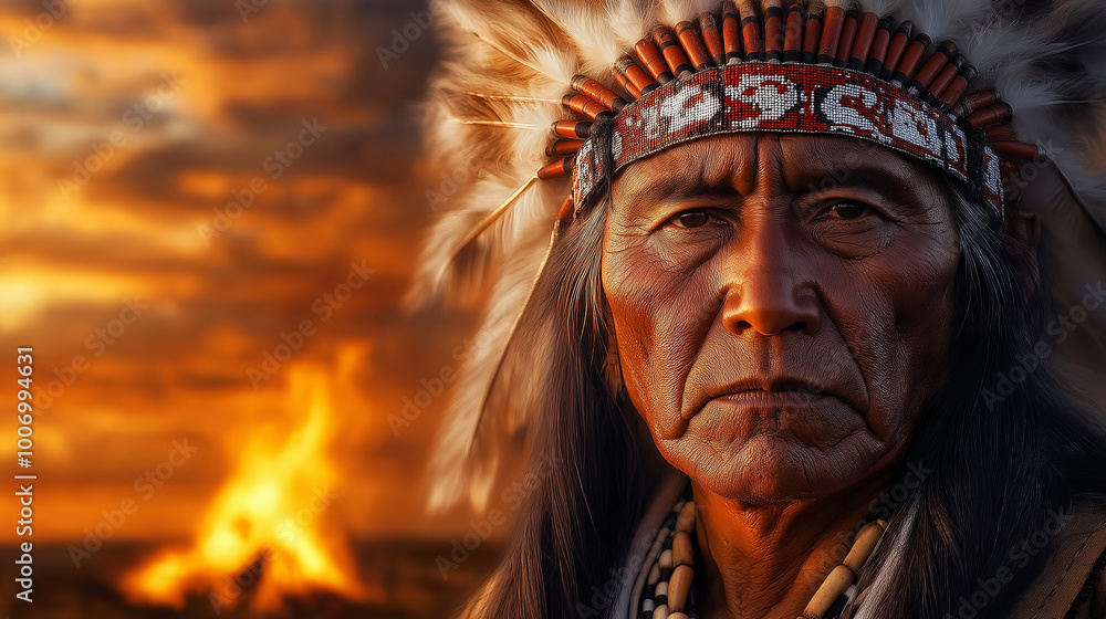 A stunning 8K depiction of a Native American chief in full ceremonial regalia, standing before a roaring fire at dusk. The feathers in his headdress and the details of his traditio A stunning 8K depiction of a Native American chief in full ceremonial regalia, standing before a roaring fire at dusk. The feathers in his headdress and the details of his traditio