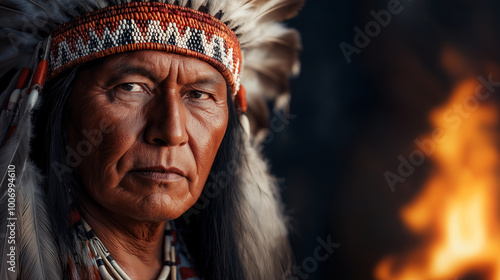 A stunning 8K depiction of a Native American chief in full ceremonial regalia, standing before a roaring fire at dusk. The feathers in his headdress and the details of his traditio