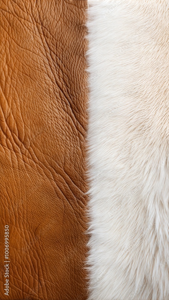Textures of brown leather and white fur contrasting against each other in a close-up shot highlighting their unique patterns. Generative AI Textures of brown leather and white fur contrasting against each other in a close-up shot highlighting their unique patterns. Generative AI