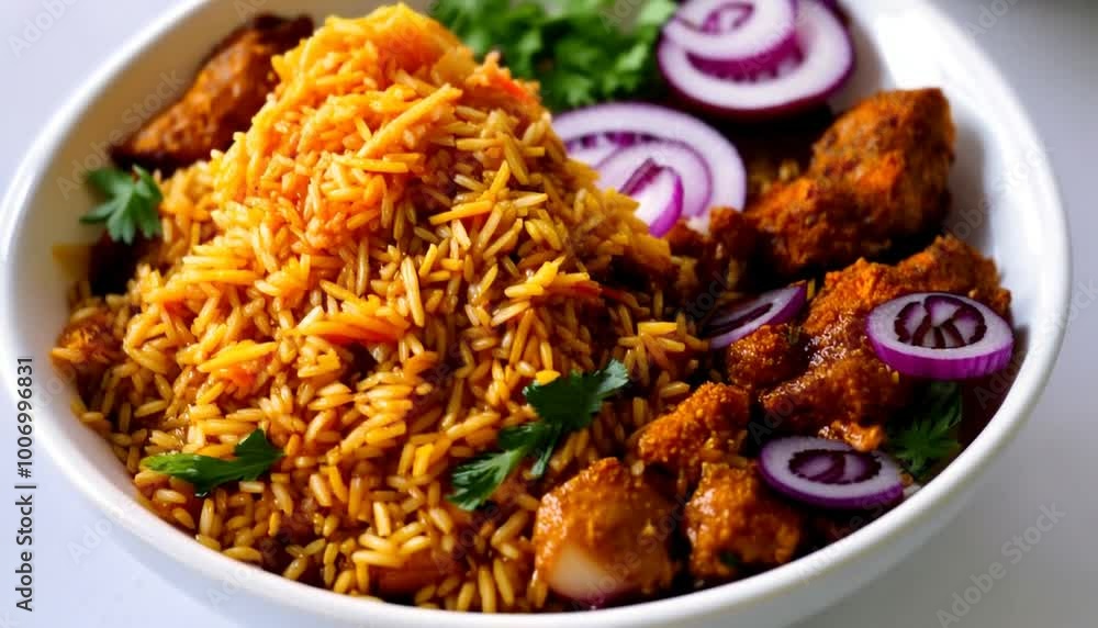 Delicious and spicy mutton biryani fragrant isolated on white background
Delicious and spicy mutton biryani fragrant isolated on white background
