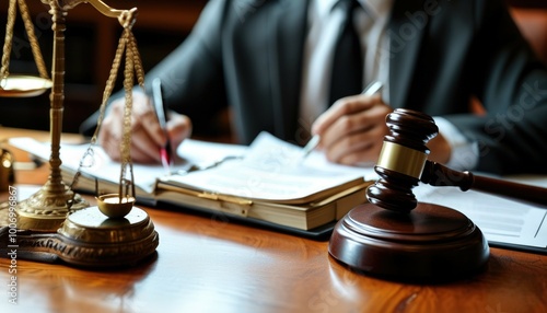 Wallpaper Mural Seated at a wooden desk, a lawyer examines important legal papers. A gavel beside them highlights the themes of justice and authority in the office. Torontodigital.ca