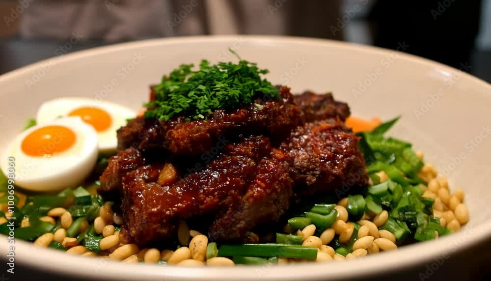 A bowl of food with a piece of meat and vegetables on it.
A bowl of food with a piece of meat and vegetables on it.
