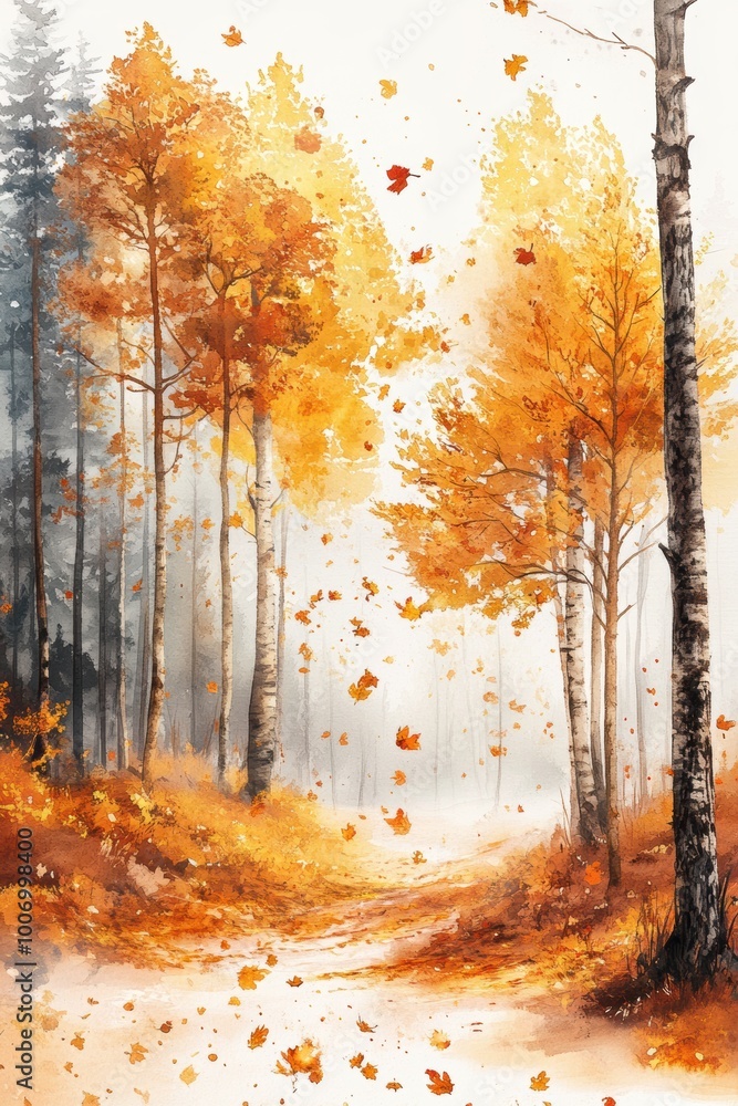 Fototapeta premium autumn forest illustration, watercolor illustration of a foggy forest in autumn, with trees shedding golden leaves, creating a dreamy background