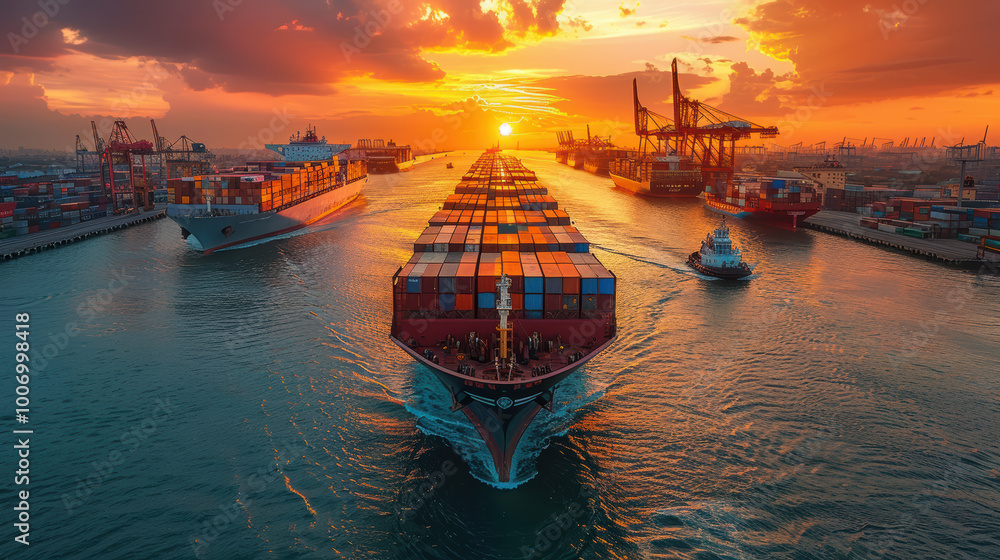Golden Hour Cargo Ship: Majestic container ship sailing into port at sunset, surrounded by other vessels and cranes. A vibrant image symbolizing global trade and logistics. Golden Hour Cargo Ship: Majestic container ship sailing into port at sunset, surrounded by other vessels and cranes. A vibrant image symbolizing global trade and logistics.