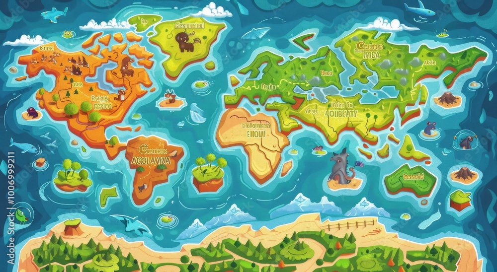 A cartoon-style world map with each country represented by its unique symbol, suitable for children's game design. The background is bright and colorful, featuring various natural landscapes such as f A cartoon-style world map with each country represented by its unique symbol, suitable for children's game design. The background is bright and colorful, featuring various natural landscapes such as f