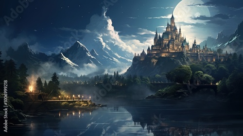 a fantastic landscape with an impregnable castle on top of a mountain near a lake at night under the moonlight