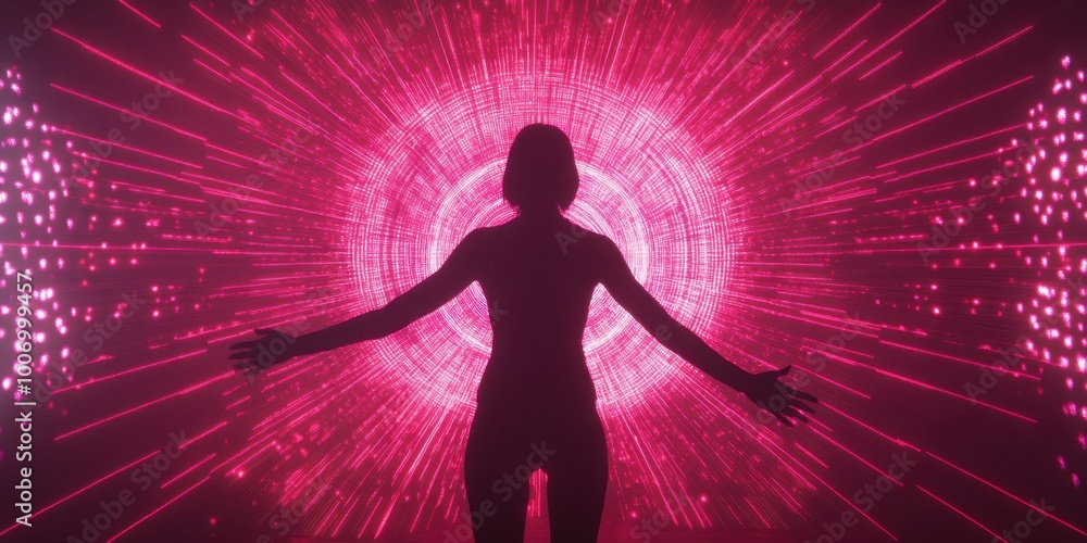 a person standing in front of a pink light a person standing in front of a pink light