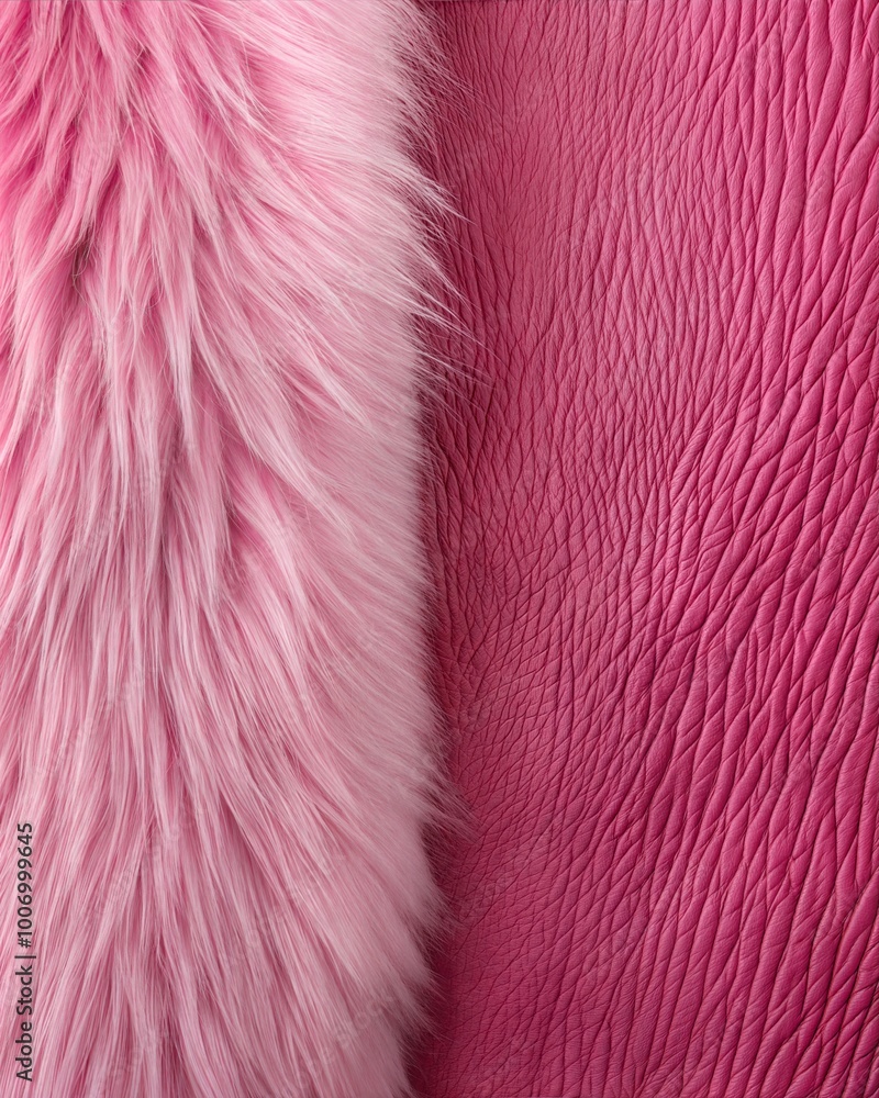 Fototapeta premium Soft pink faux fur contrasts with smooth pink leather, highlighting a blend of textures perfect for stylish applications in fashion and interior design projects. Generative AI