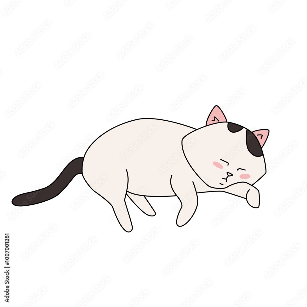 Doodle funny white cat with black tail lying asleep. Simple vector illustration isolated Doodle funny white cat with black tail lying asleep. Simple vector illustration isolated