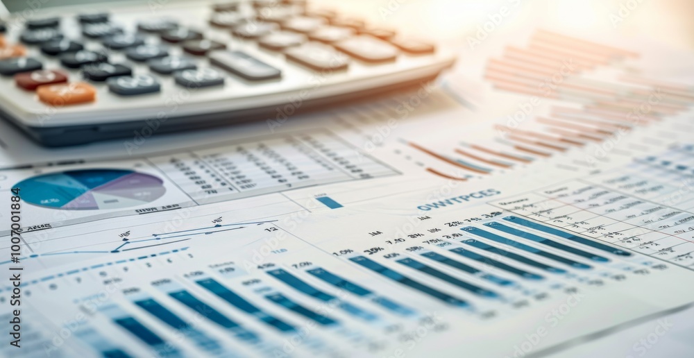 A closeup of financial graphs and charts on paper, with a calculator in the background, symbolizing mercantile engagement and market analysis for business intelligence and government support. The focu A closeup of financial graphs and charts on paper, with a calculator in the background, symbolizing mercantile engagement and market analysis for business intelligence and government support. The focu