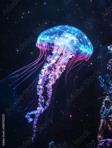 Wallpaper Mural Glowing jellyfish swim deep in blue sea. Medusa neon jellyfish fantasy in space cosmos among stars Torontodigital.ca