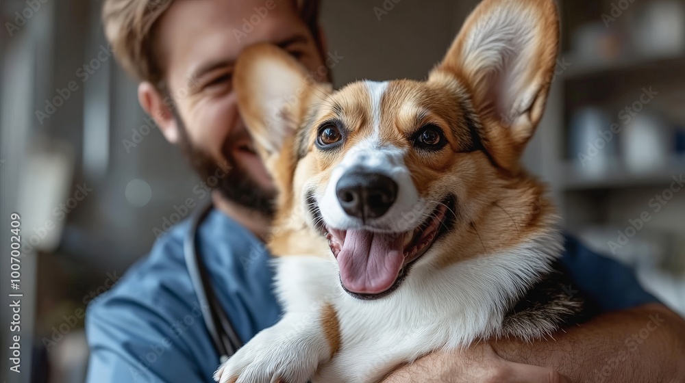 Happy vet doctor in uniform cuddling and playing with Pembroke Welsh Corgi dog after treatment in clinic office Happy vet doctor in uniform cuddling and playing with Pembroke Welsh Corgi dog after treatment in clinic office