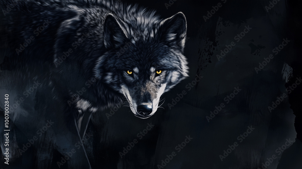 Alpha wolf illustration with piercing yellow eyes, wildlife art in a dark and intense setting Alpha wolf illustration with piercing yellow eyes, wildlife art in a dark and intense setting