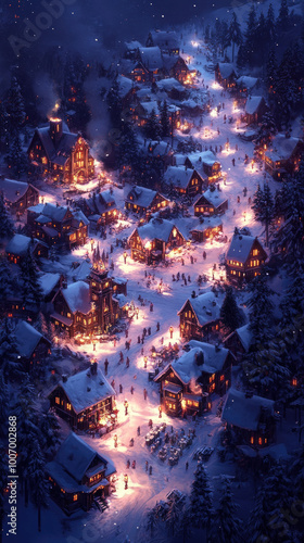 A winter night scene featuring a cozy village square illuminated by lanterns, with townsfolk gathered around singing Christmas carols, perfect for a festive smartphone wallpaper