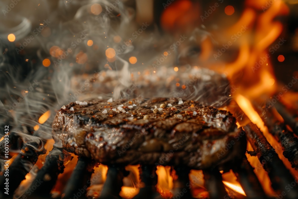 Juicy steak grilled on open flame, culinary expertise with intense heat and rich smoke Juicy steak grilled on open flame, culinary expertise with intense heat and rich smoke