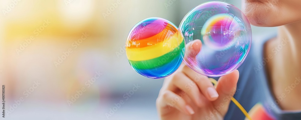 LGBTQ individual blowing rainbow bubbles, concept of joy and freedom, playful setting LGBTQ individual blowing rainbow bubbles, concept of joy and freedom, playful setting