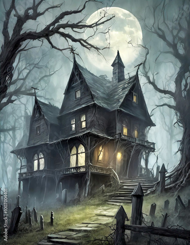 Gothic Haunted House in Eerie Forest Under Full Moon