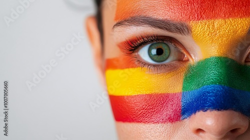 LGBTQ pride flag painted on a face, close-up, fierce expression, concept of identity and visibility, strong colors